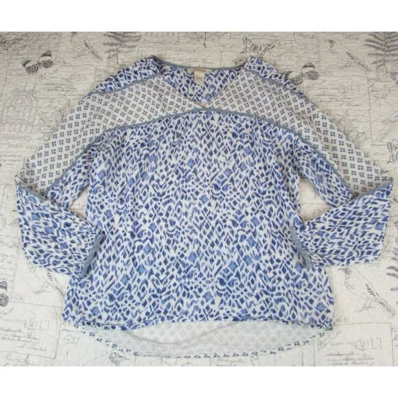 Sundance Catalog  Women's Blue white ikat multi print long sleeve cotton top S - Picture 8 of 10